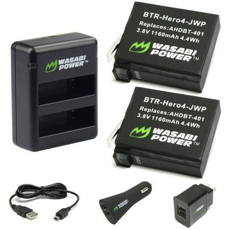 Wasabi Power Dual USB Charger and 2 Li-ion Batteries with Car Adapter Kit (compatible with  GoPro