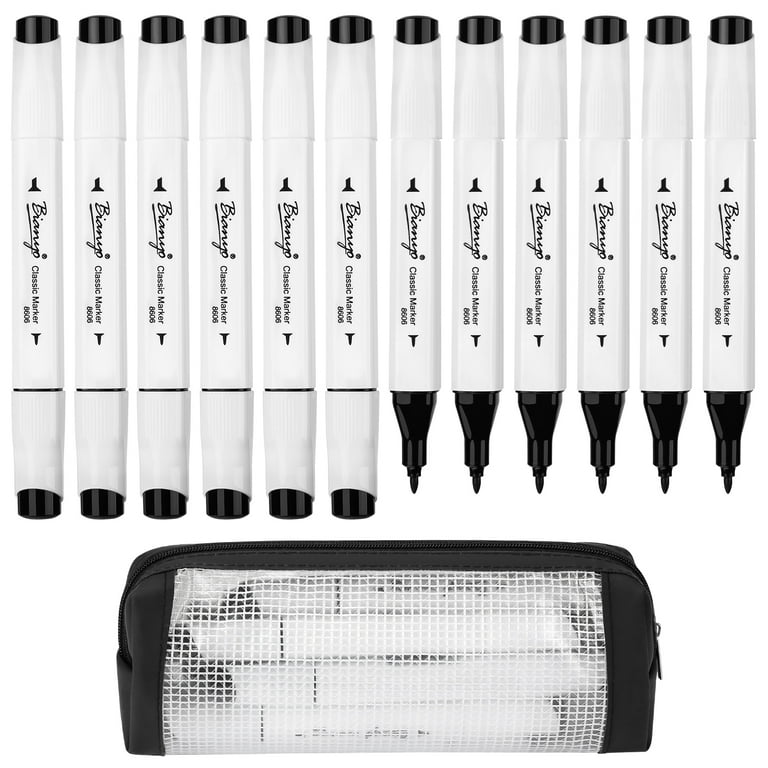 Bianyo 12 Black Markers Set, Dual Tip Bullet & Chisel Art Marker Set with  Pen Case 