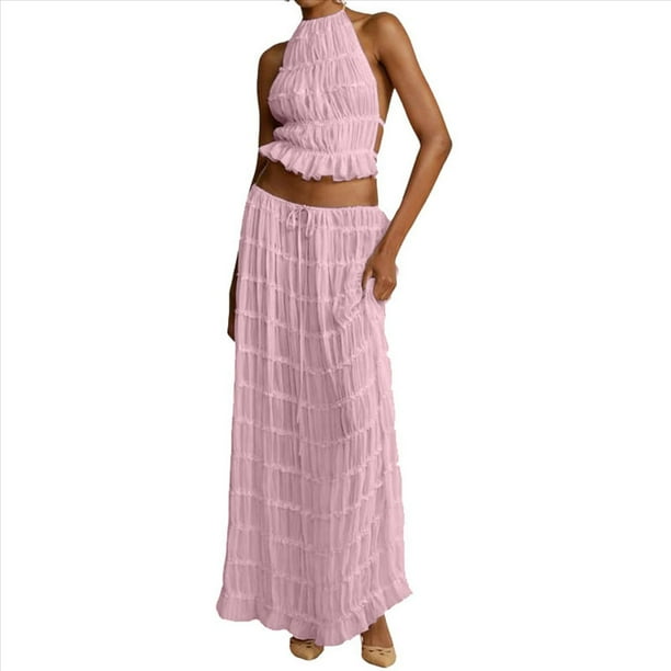 Conjunto de Dos Piezas de Falda Larga para Mujer, con Cuello Halter, Espalda Descubierta y Falda Larga para Salir en la Playa. Conjunto de Dos Piezas. Rosa S