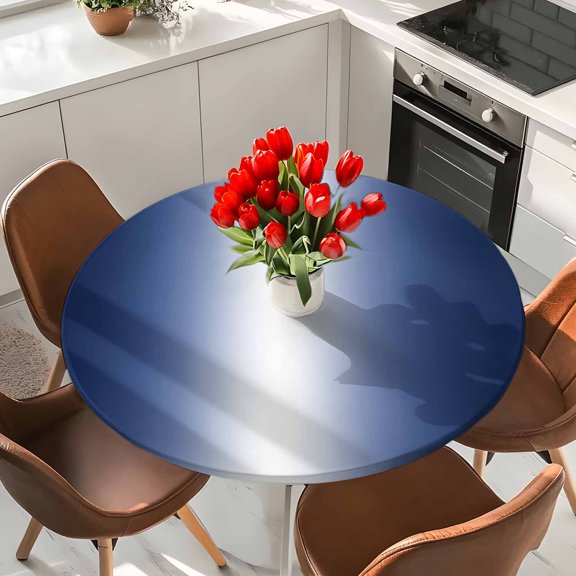 Navy Blue Ombre Elastic Fitted Round Tablecloth Abstract Minimalist Art Gradient Waterproof Outdoor Table Cover for Holiday Party, Picnic, Patio & Dining Fits Tables Up to 55"-60"