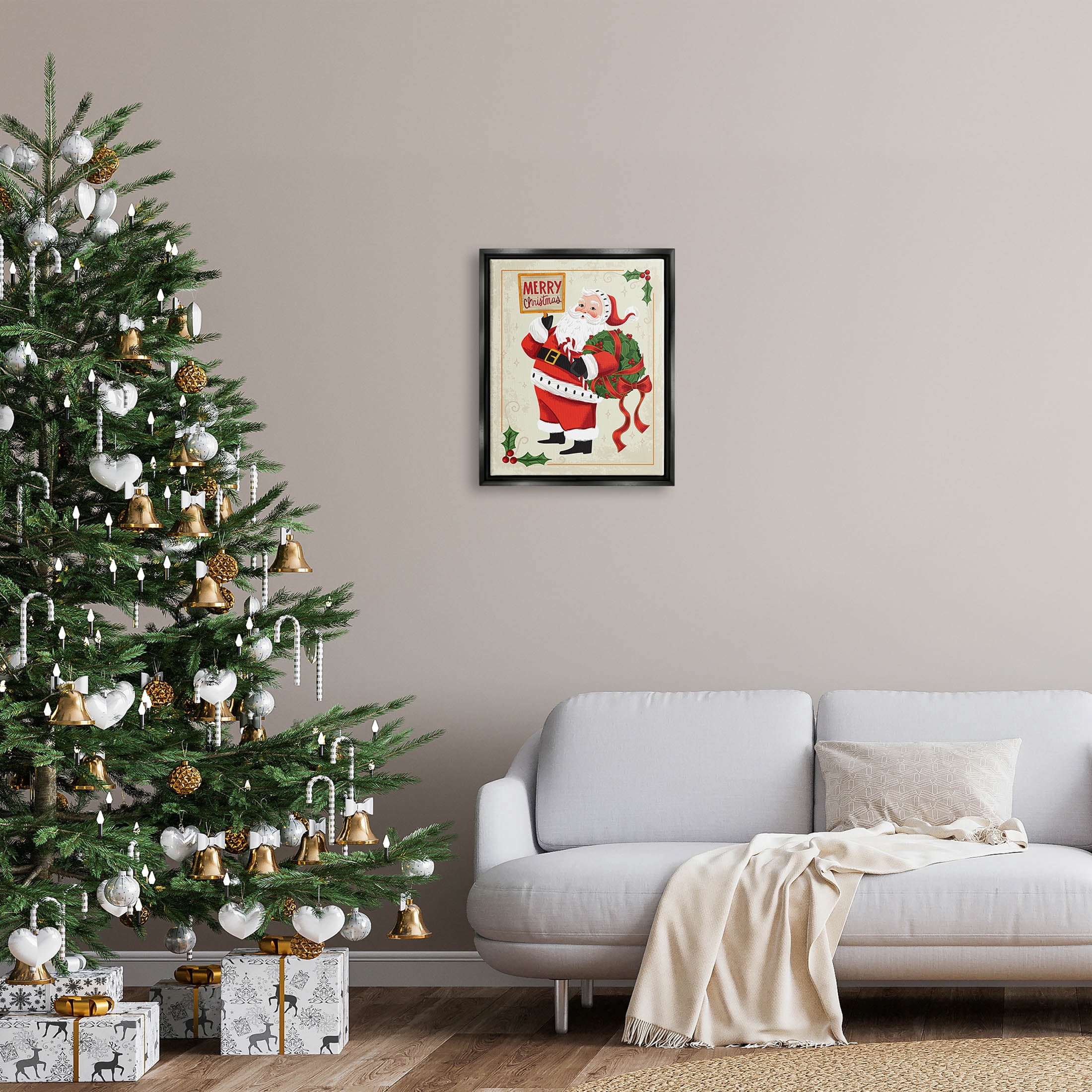 Merry Christmas Vintage Santa Holiday Graphic Art Jet Black Framed Art Print Wall Art