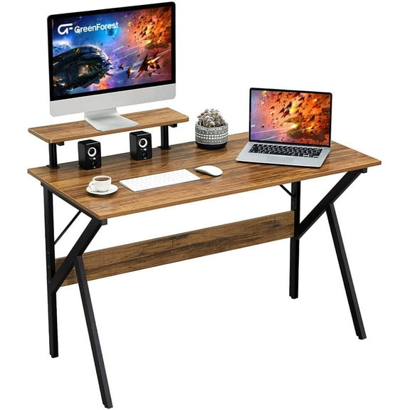 Greenforest Home Office Desk W/ Monitor Shelf, Computer/Gaming Desk, Walnut, 47"