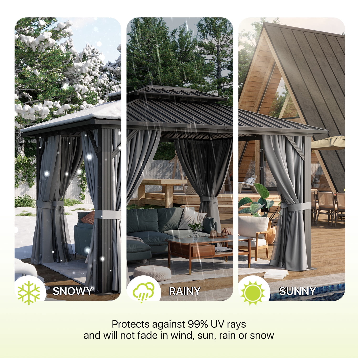 BaPiPro 12x10 FT Permanent Outdoor Gazebo – Aluminum Frame with Double Roof, Includes Curtains & Netting, Ideal for Patio, Lawn, and Garden,Gray