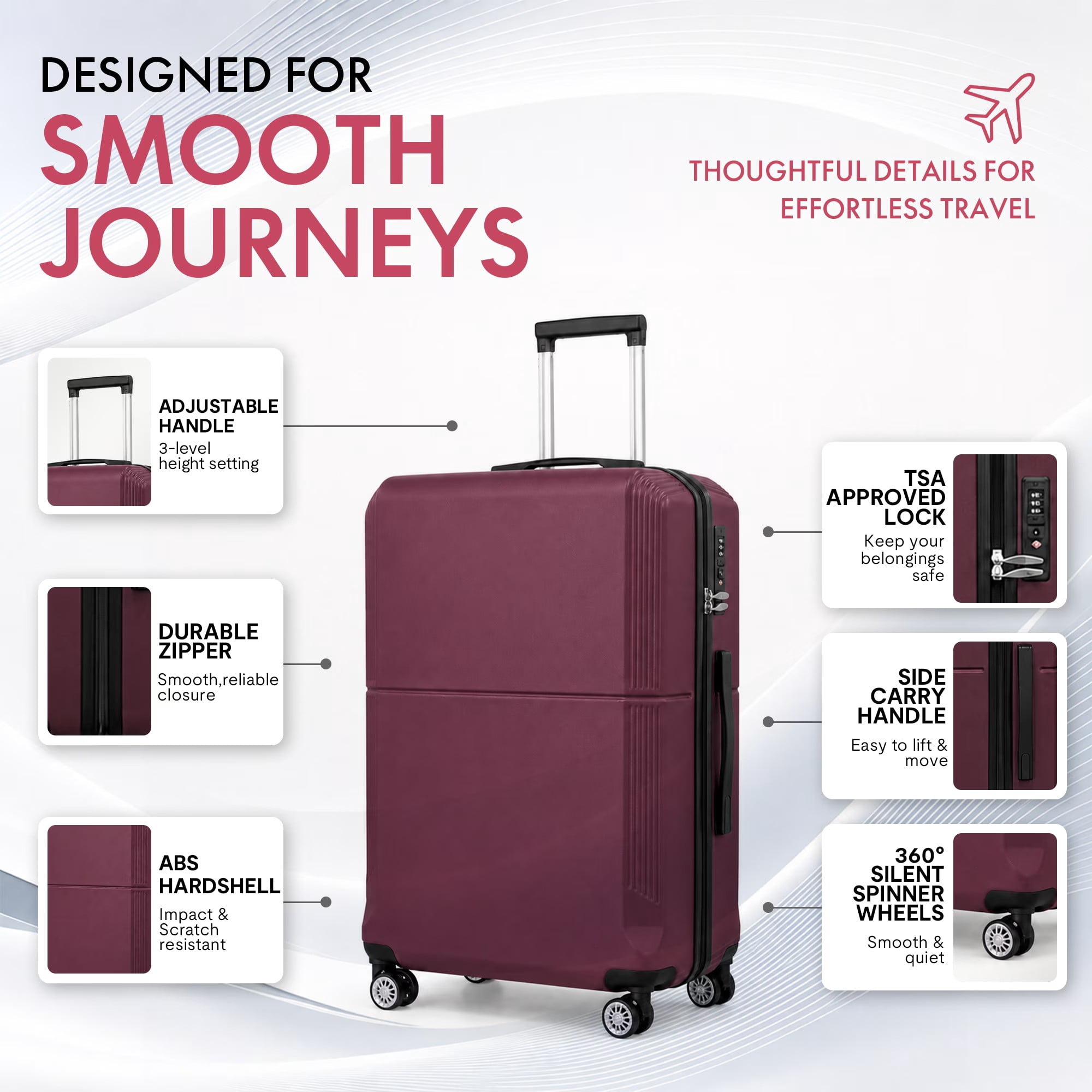 avobird 3-Piece ABS Hardshell Luggage Set – Lightweight and scratch-resistant, featuring silent 360° spinner wheels and TSA-approved locks, 20"/24"/28", Purple