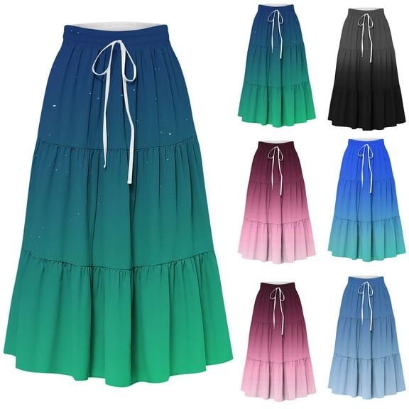 Dianli Skirt Skorts Women's Printed A Line Long Skirt Elastic Waist Drawstring Gradient Pocketed Design Large Swing Breathable Cotton Linen Pull On Vacation Beach Skirt
