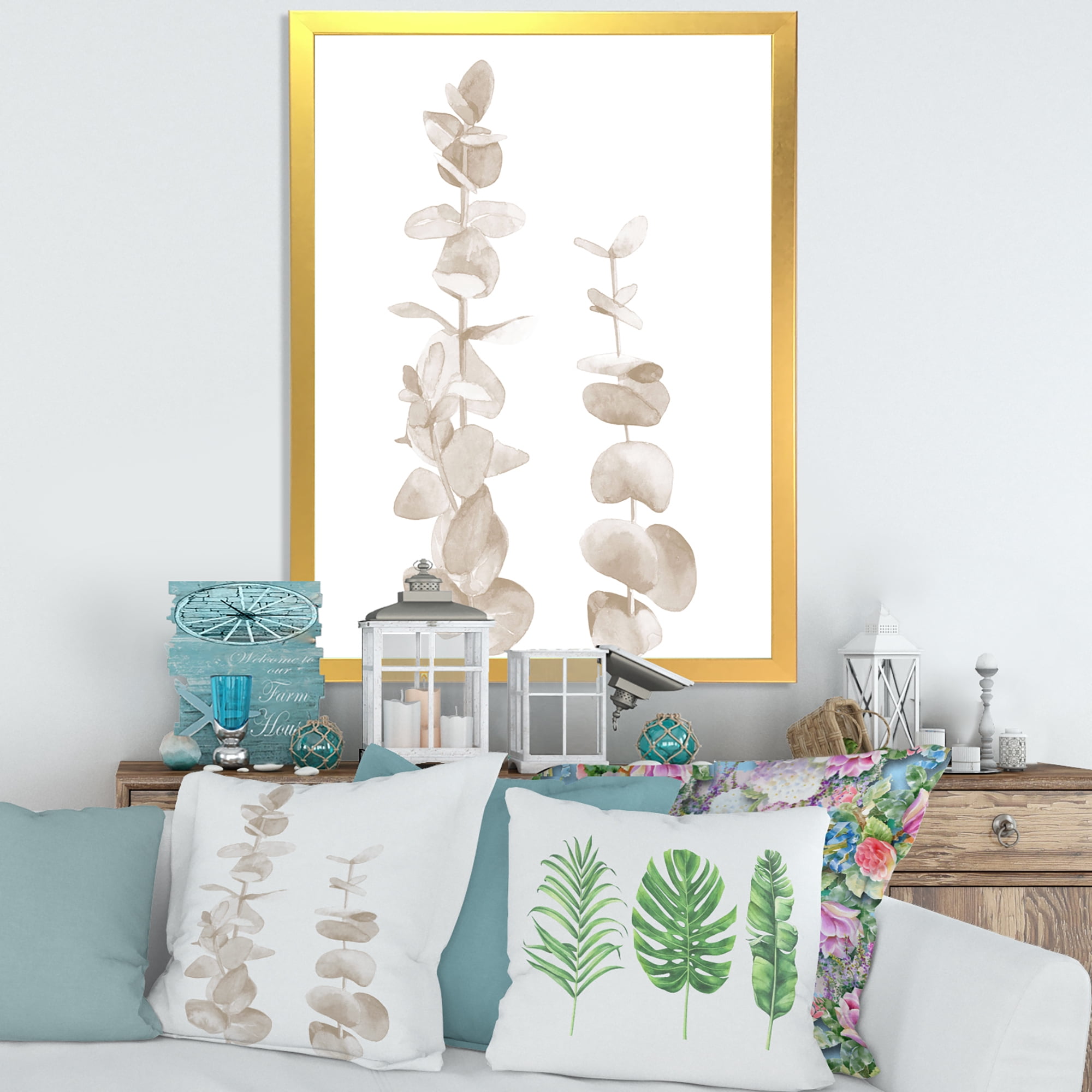 Designart 'Grey Eucalyptus Branches On White' Traditional Framed Art Print
