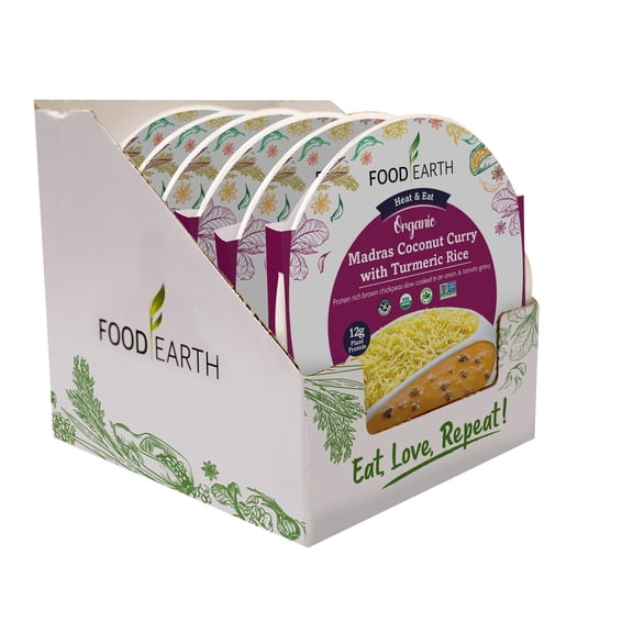 Food Earth - Organic Madras Coconut Curry with Turmeric Rice Ready to Eat Indian Meal , 100% Organic, Vegan, Gluten-Free, Heat & Serve,10.58 oz, 6 units Shelf Stable