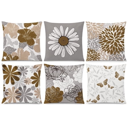 COMMINY Housses de Coussin Marron Gris 16x16 Ensemble de 6 Housses de Coussin Décoratives Marguerite pour Canapé Ferme Moderne pour Canapé Patio Extérieur Lit Salon Décoration Maison