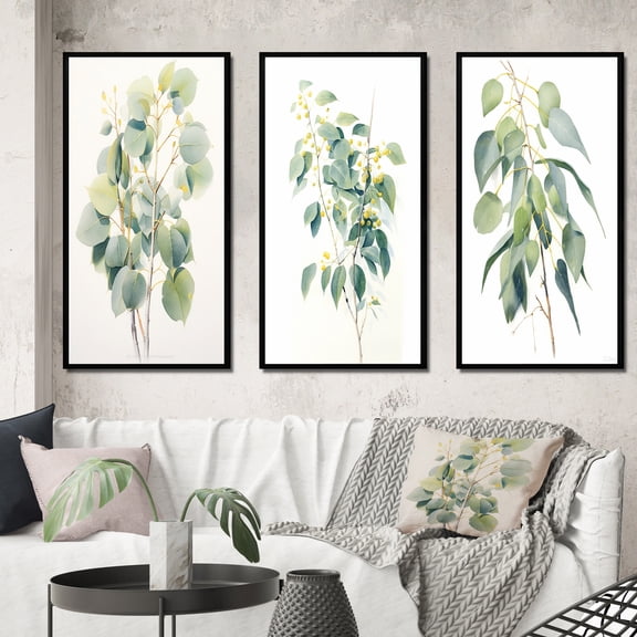 Designart "The Minimalist Essence of Eucalyptus in Green and White V" Floral Framed Wall Art Set Of 3 - Green Floral Frame Canvas Set For Living Room Decor