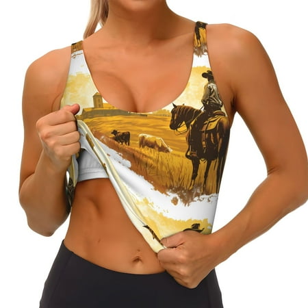 Qokaie Western Cowboy Ranch Pattern Womens Scoop Neck Sports Bra Breathable Workout Vest Padded U Back Medium Impact Fitness Gym Yoga Bra Workout Crop Top