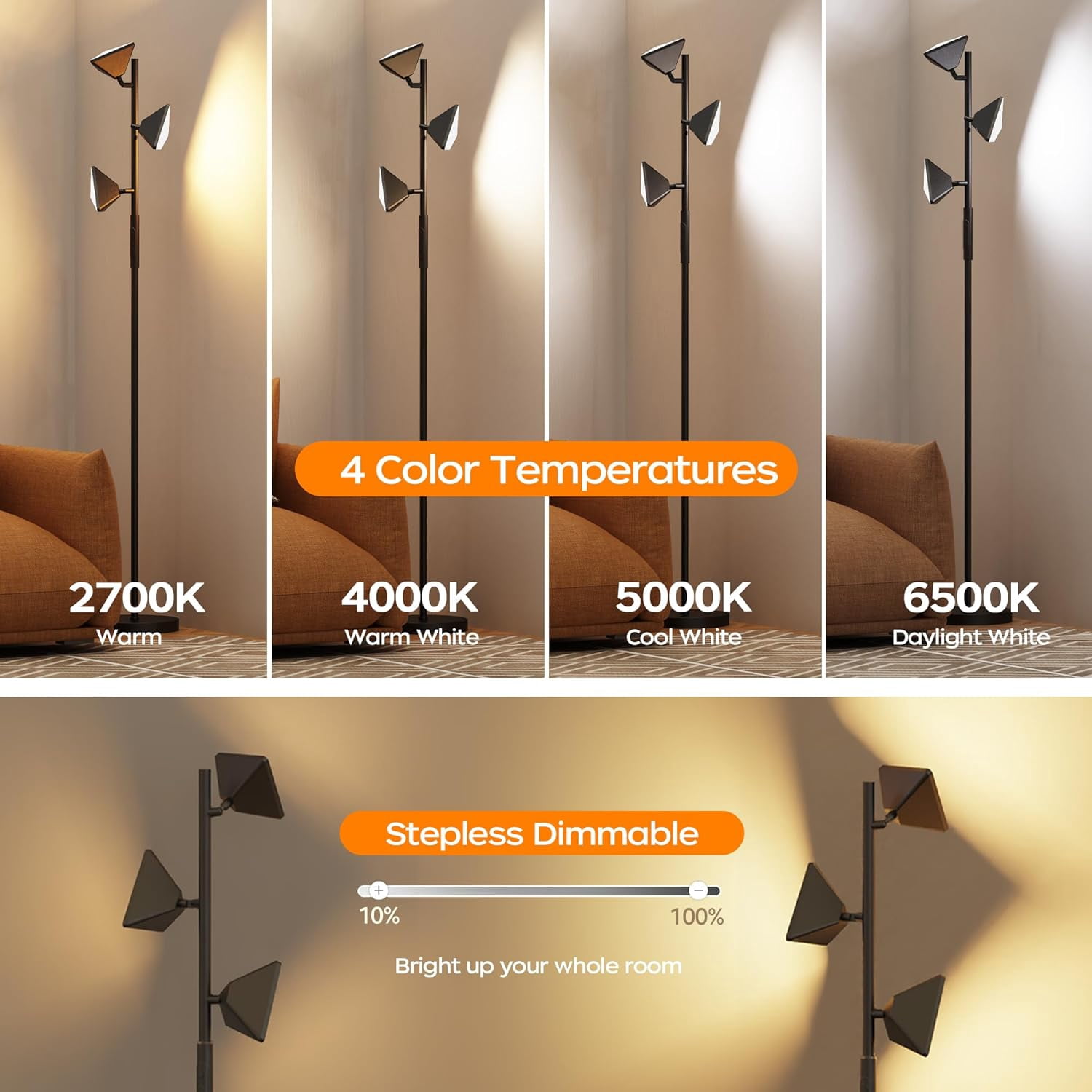36W LED Tree Floor Lamp Modern Dimmable Lamp with Remote & Touch Control 4 Color Temperatures Rotatable LED Lights Light