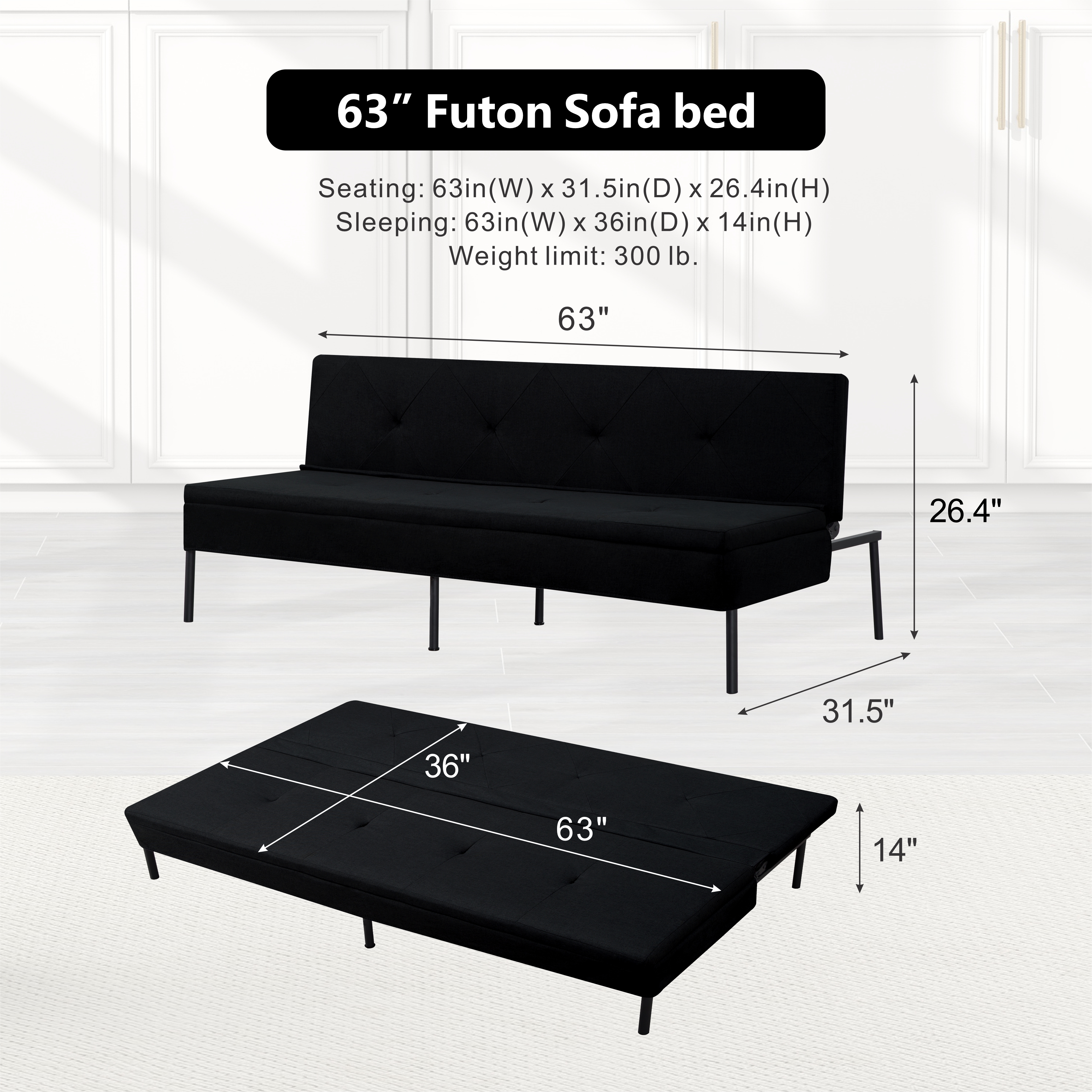 Gewnee 63" Modern Convertible Futon Sofa Bed,Pull-Out Sleeper with Adjustable Backrest(Black)