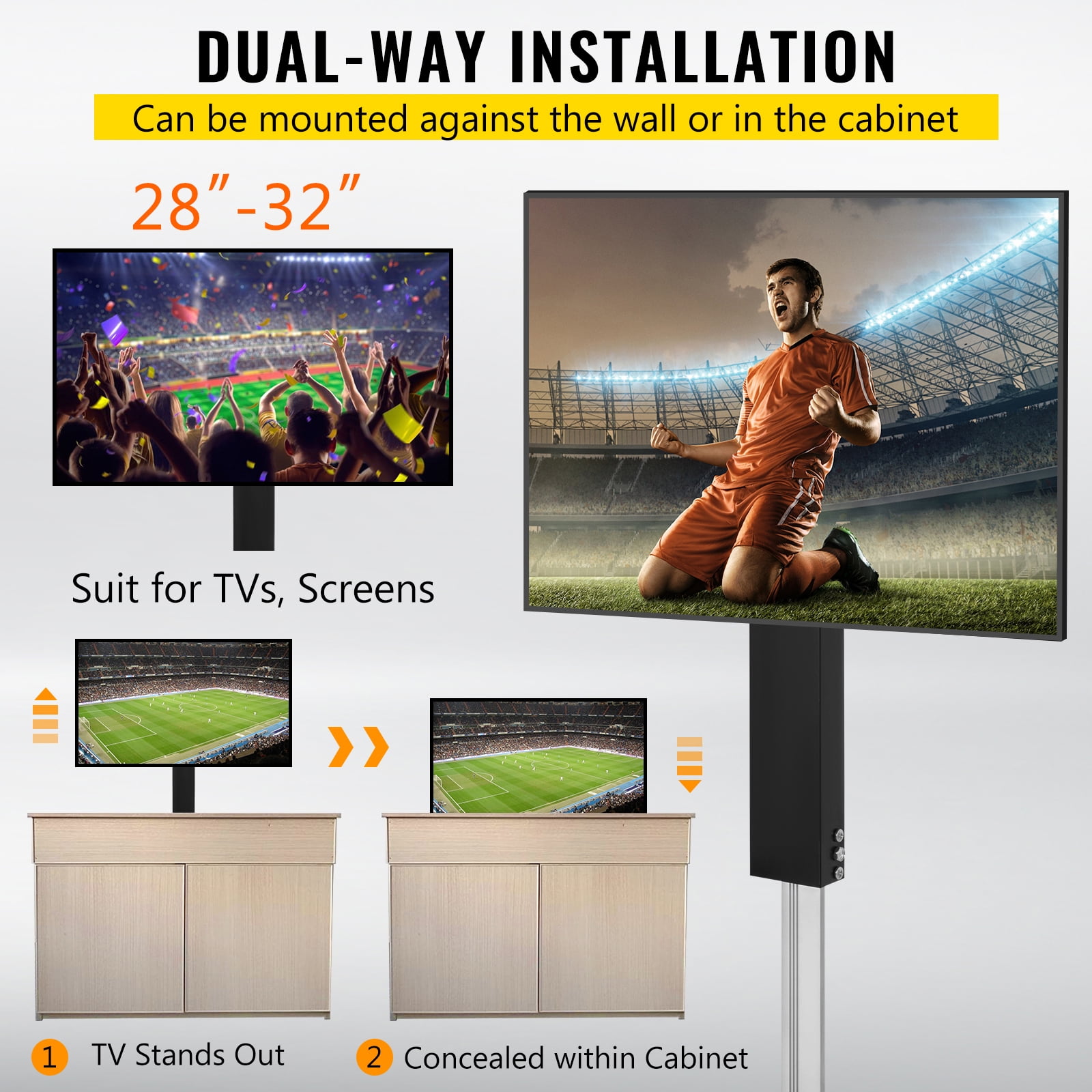 KFFKFF Motorized Television Lift, 20" Movement for 28-32" Televisions. Operated by Remote, Modifiable Elevation 30-50", Can Bear up to 132 lbs