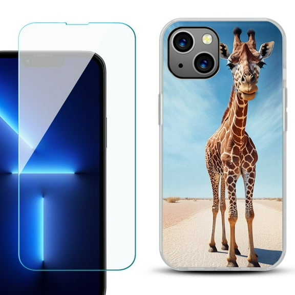 OneToughShield ® for iPhone 15 Fashion Phone Case, with Tempered Glass Screen Protector - Giraffe