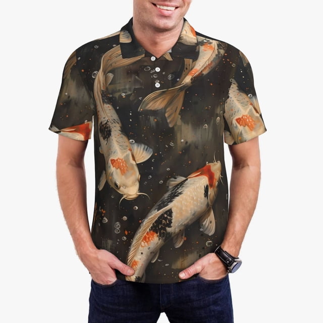 Lsque Koi Fish Tranquility Pattern Golf Shirts for Men Dry Fit Print Moisture Wicking Performance Short Sleeve Polo Shirt-X-Large