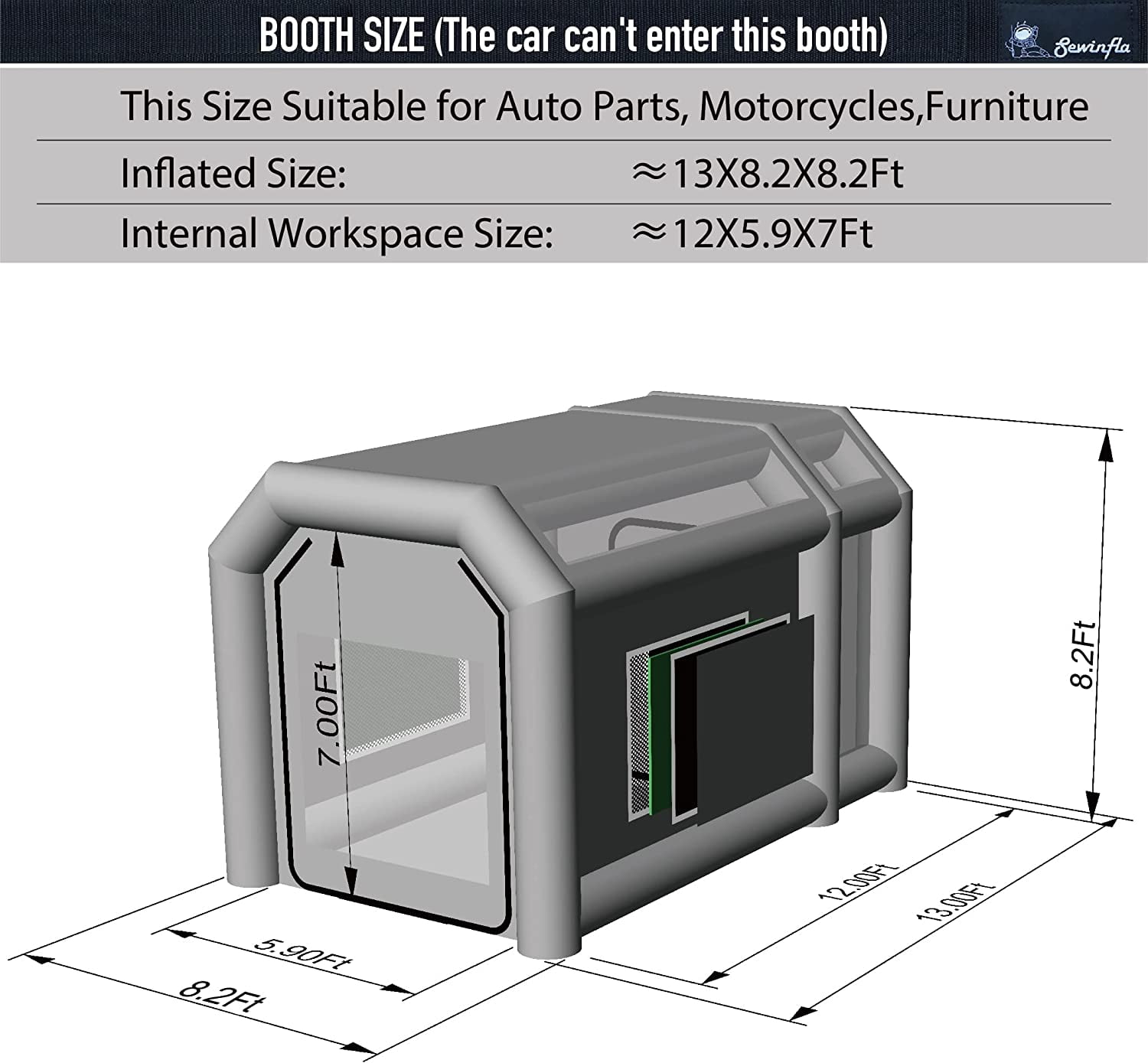 Sewinfla Indoor Inflatable Paint Booth with Air Draft Device 13x8.2x8.2Ft with Blowers