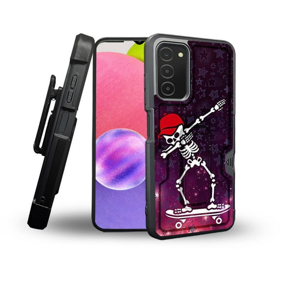 ANJ  Rugged Shockproof Holster Case Card Slot Kickstand   Tempered Glass Cover for Samsung Galaxy A03s - Dabbing Skull