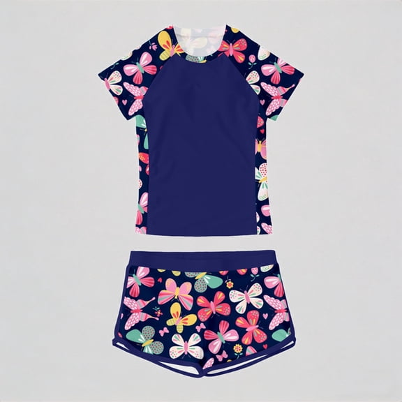 REDARER Girls 2-Piece Swim Rash Guard Set â Colorful Butterfly Print, UPF 50 Sun Protection, Top & Shorts for Beach Pool Summer Outfits,8-9 Years