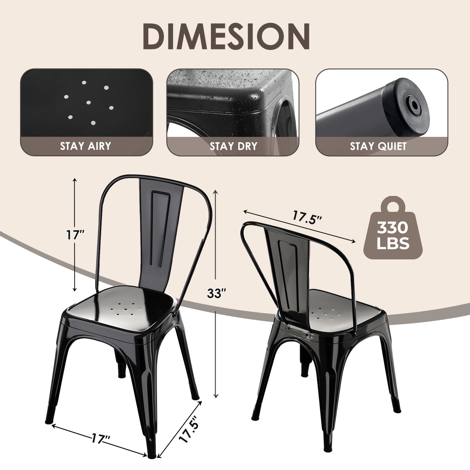 Rivbuio Heavy Duty Metal Dining Chairs Set of 2, Stackable Tolix Style with X-Brace, Commercial Bistro Chair for Restaurant/Kitchen/Patio - Gloss Black