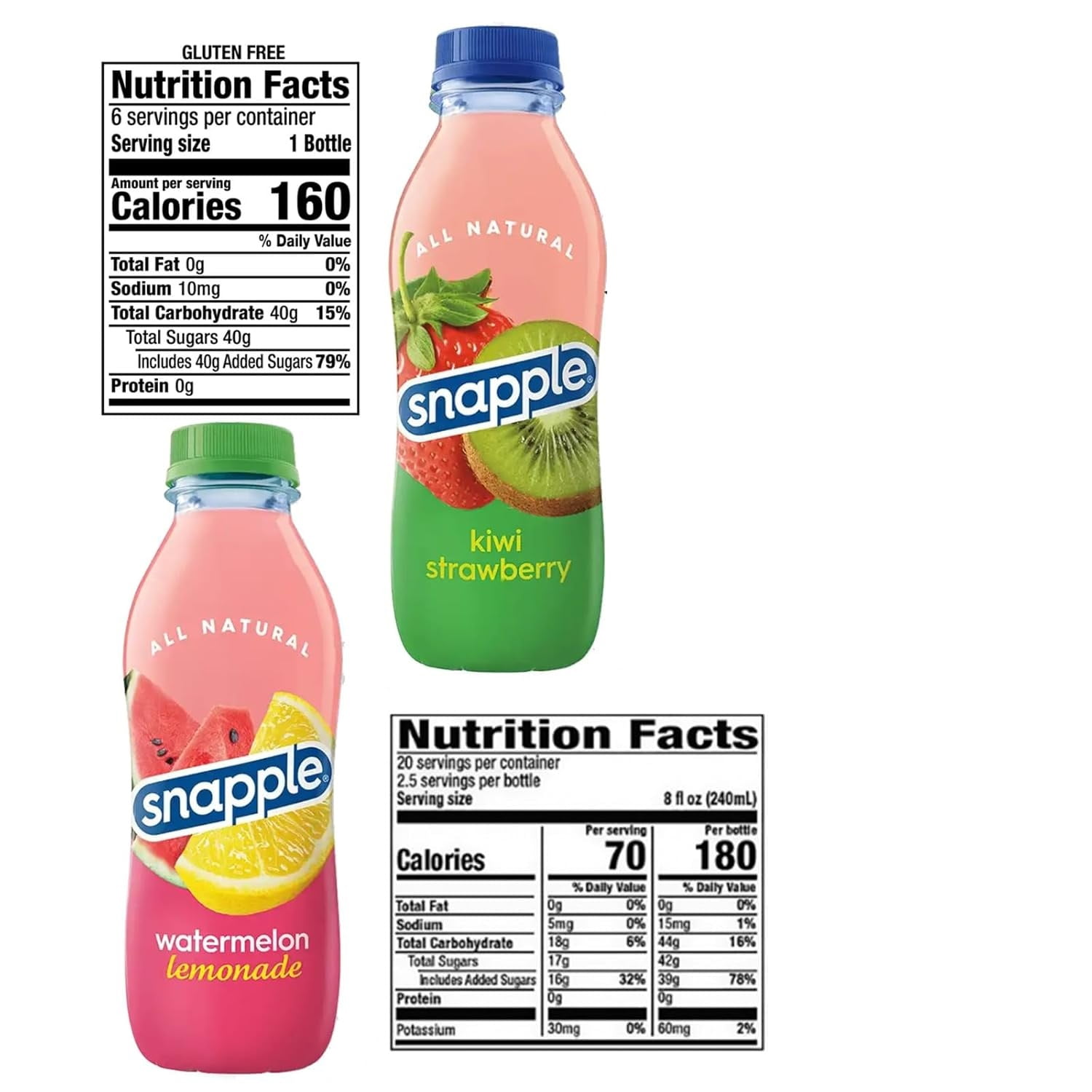 Snapple Watermelon + Kiwi-Strawberry All Natural Fruit Juice Drink,Gluten Free 16 fl oz Plastic Bottles, 12-Pack