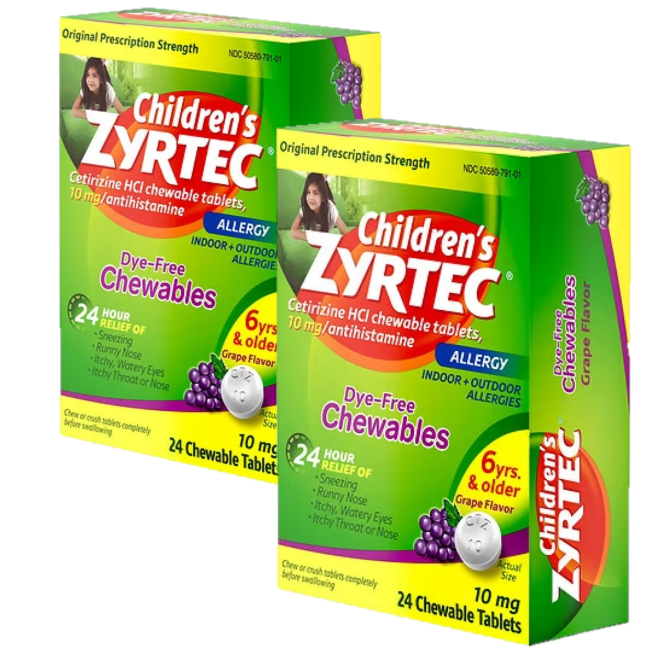 2 Pack Zyrtec Children's Dye Free Cetirizine 10mg Chewables +6 years