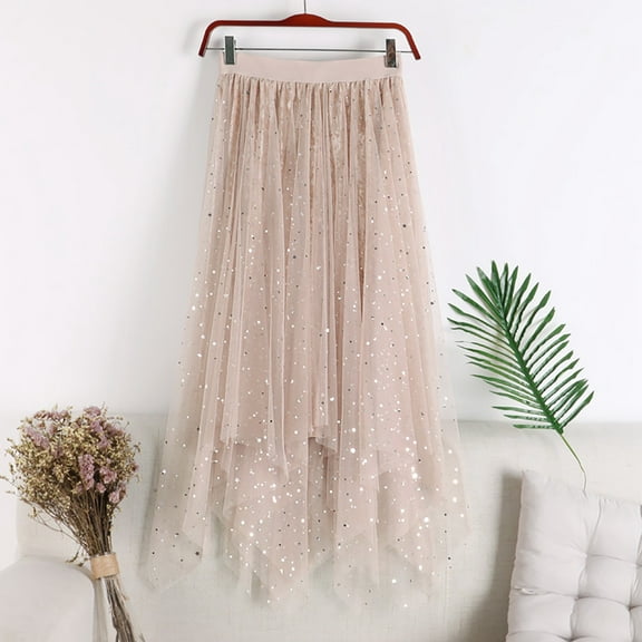 Women's Spring And Summer Waisted Star Sequin Velvet Lined Irregular Mesh Skirt Full Bed Skirt Women's Denim Skirts Womens Swim Skirt High Low Skirt Side Skirt Long Skirts for Women High Waist