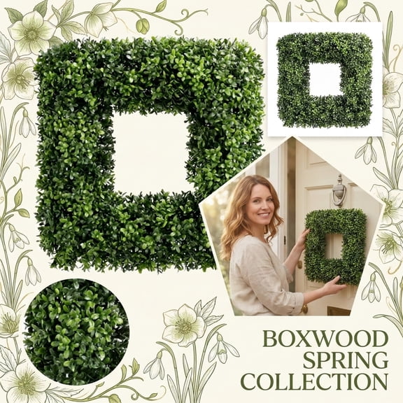 KUNPENG Square Boxwood Wreath for Home Decor, Green Door Wreaths for Front Door Outside All Season, Faux Artificial Boxwood Wreaths for Front Door Hanging, Decorative Spring Wreath for Indoor Outdoor