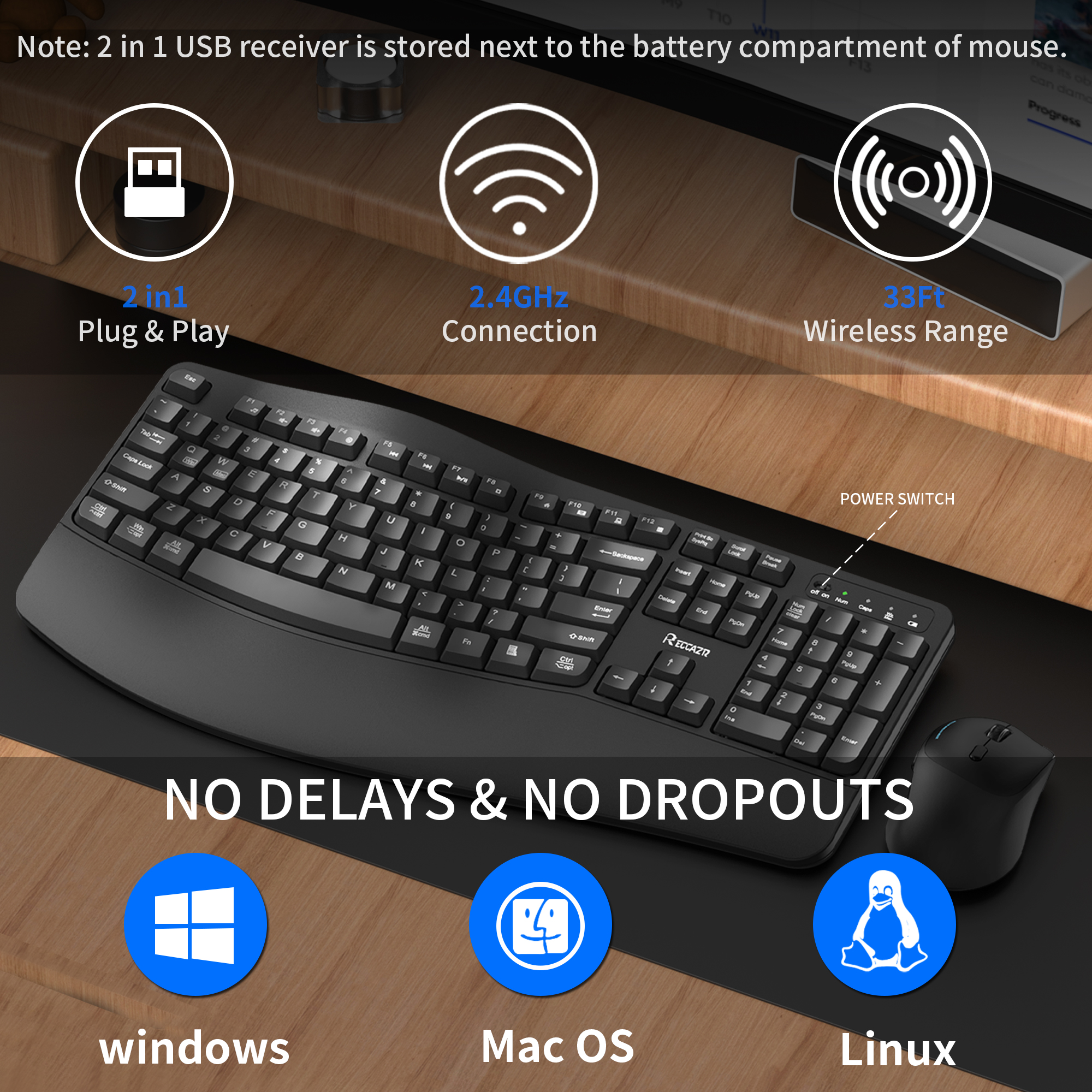 Reccazr Wave Ergonomic Wireless Keyboard & Mouse Combo photo 4