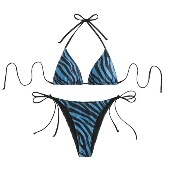 Ladies Swimsuits Leopard Print Spaghetti Strap Separates Bikinis Blue Bathing Suits for Women L