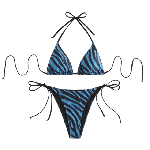 Swimsuits for Women Sexy Striped Printed Halter Neck Backless Separate Bikini Blue Womens Bathing Suits M