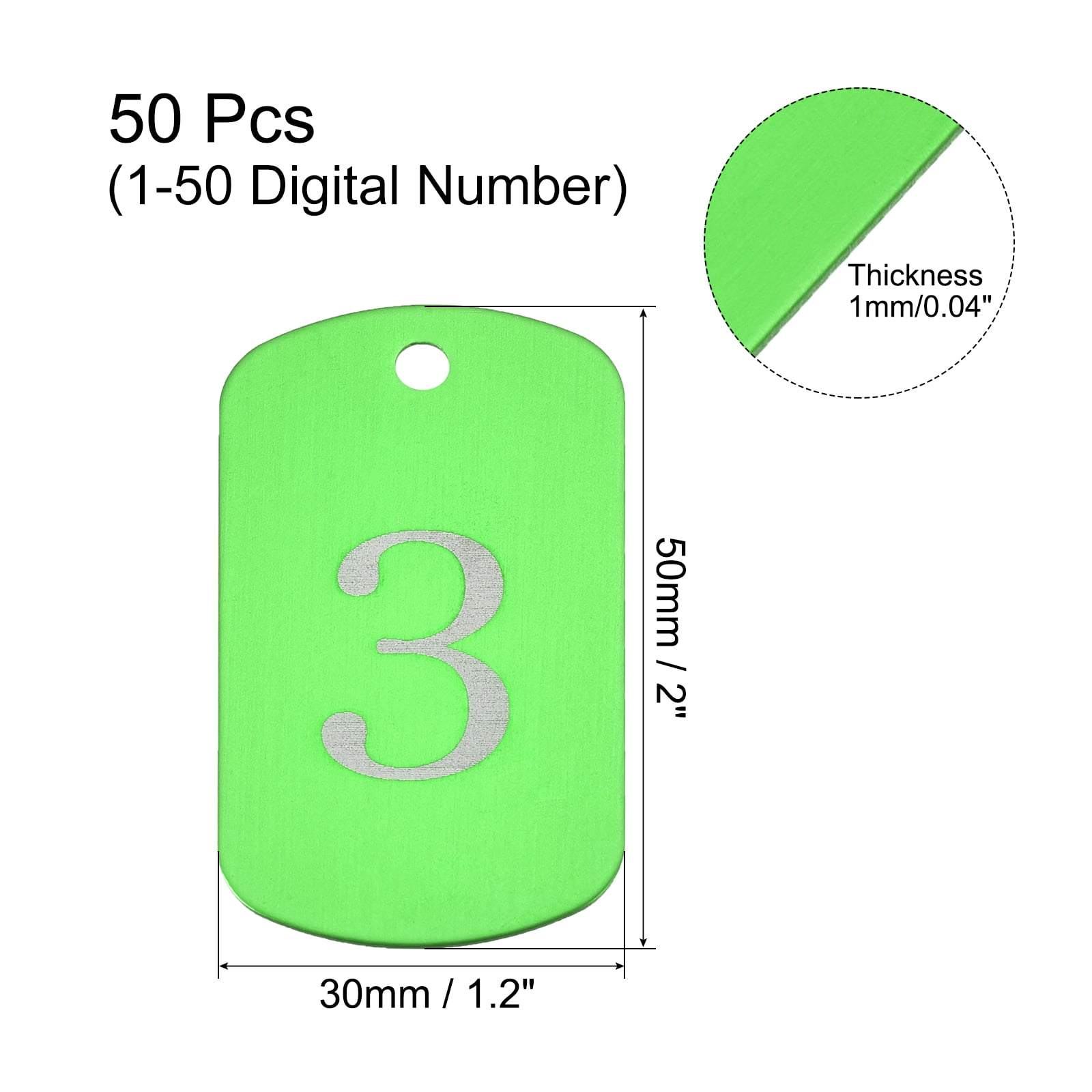Uxcell Numbered Tag, Aluminum Key Tags Metal ID Tags, 1-50 Number with Ring Green Rectangle for Decoration, Pack of 50
