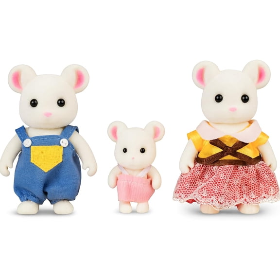 OLEOCA Family White Mouse Figures — Set of 3 Collectible Flocked Mini Dolls with Removable Clothes, Miniature Dollhouse Pretend Play Figures for Kids Ages 3 
