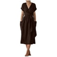 thumbnail image 2 of Jsaierl Women's Cotton Linen Dresses Summer Casual Short Sleeve Midi Dress Cute Solid Color V Neck Dress Bohemian Soft Dresses 2024, 2 of 8