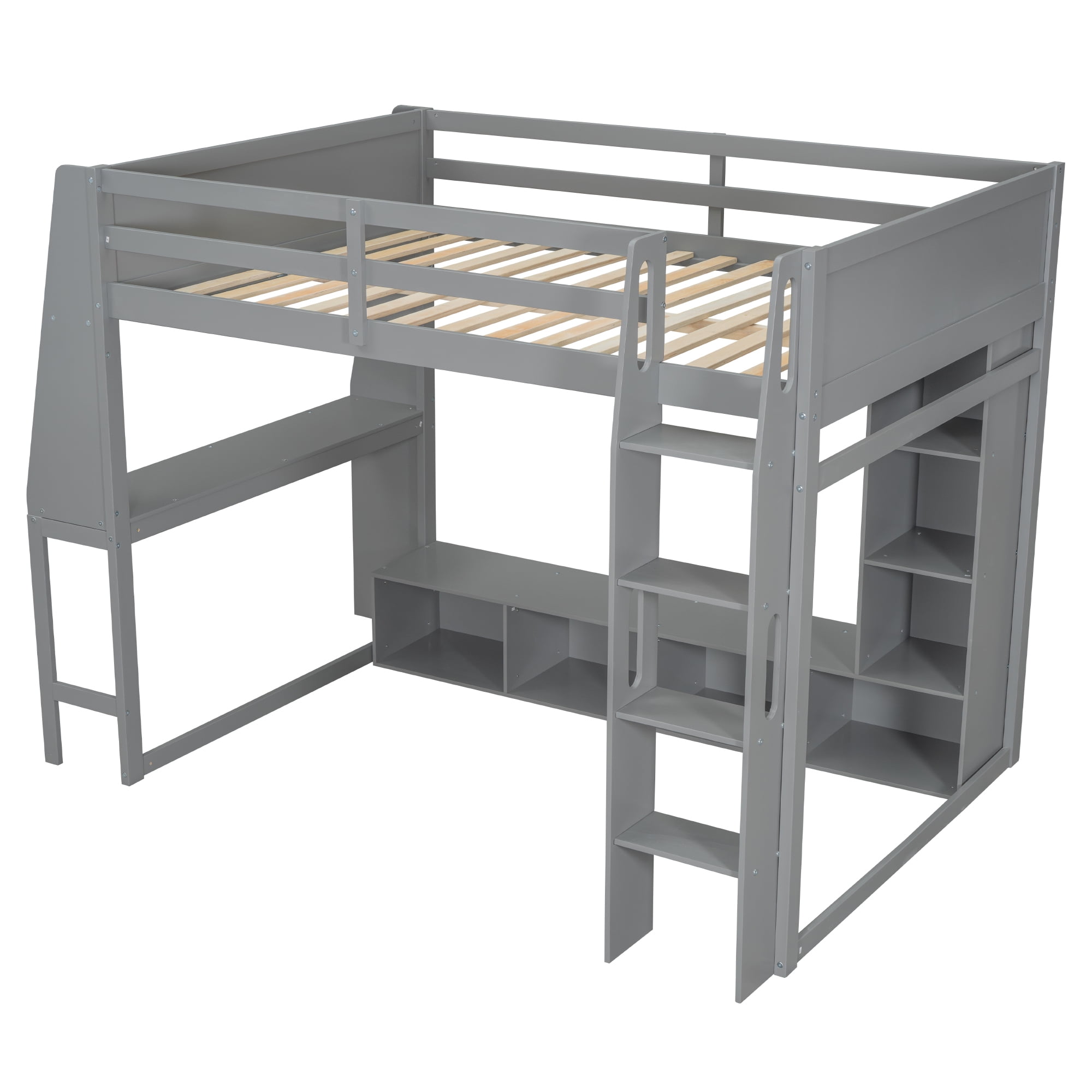 Euroco Wood Full Size Loft Bed with Desk and Shelves, Gaming Bed with LED Light and Clothes Rack for Kids Teens, Gray