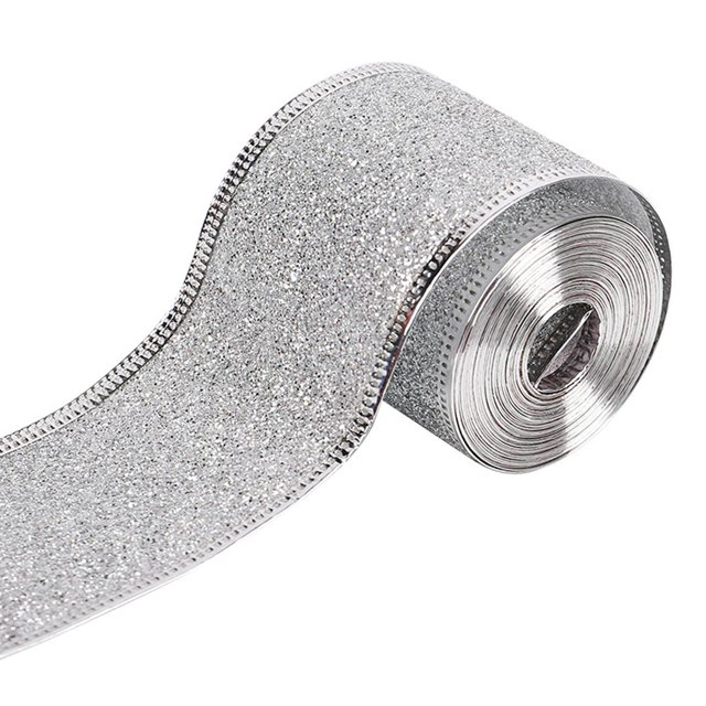 Lijie 2inch x 90 Yards Christmas Wired Edge Ribbon DIY Xmas Decoration Multifunctional Silvery