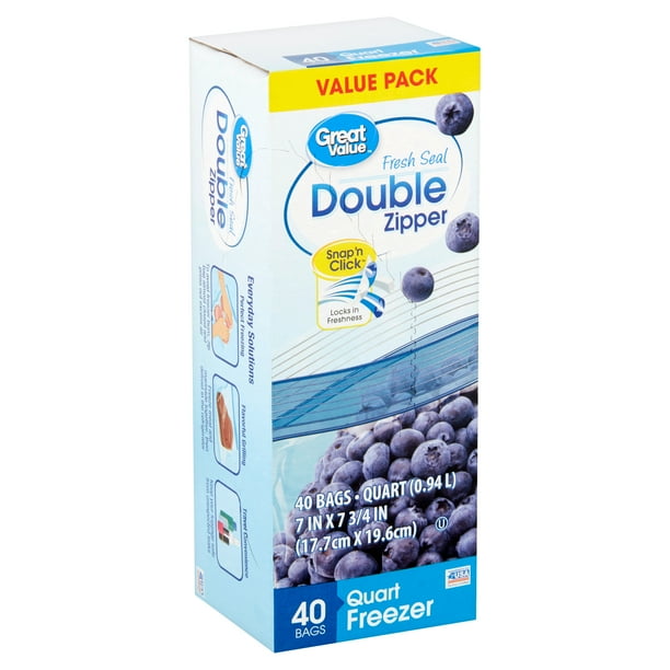 Great Value Double Zipper Quart Freezer Bags Value Pack, 40 count