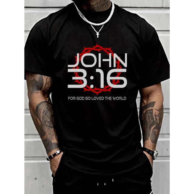 extra Large Men's Casual Crew Neck T-Shirt, John 3:16 inspirational Quote Print, 95% Polyester 5% Spandex, Regular Fit, Slightly Stretchy Knit Fabric, Black Top for Casual attire Streetwear Crewneck