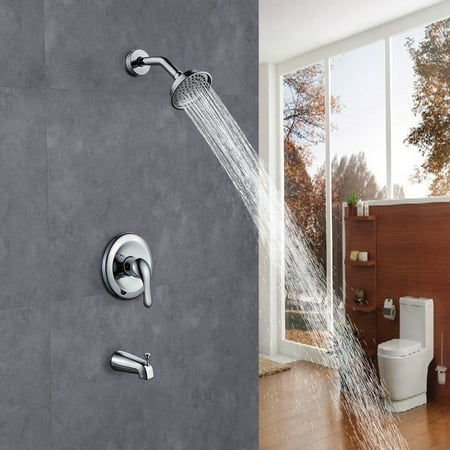 Valve Tub Set (KES Pressure Balance Shower Valve Combo Complete Kit Bath and Shower Faucet Set Brass Antiscald Valve with Diverter Tub Spout Shower Arm and Fixed Showerhead Traditional Chrome,)