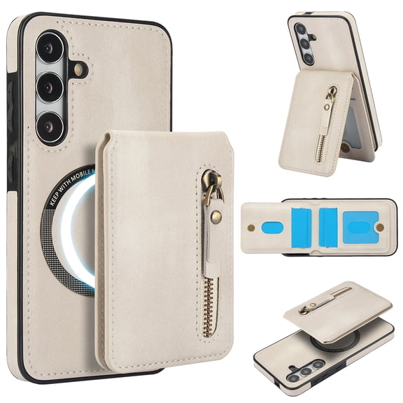 Detachable Strong Magnetic Case for Samsung Galaxy S26, 2-in-1 Zipper Card Slots Wallet Multi-view Kickstand PU Leather Phone Cover - Compatible with MagSafe Wireless Chargers, White