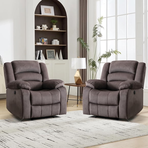 Lot de 2 fauteuils inclinables électriques surdimensionnés en tissu doux avec coussin et dossier rembourrés pour salon, chambre à coucher, étude, marron