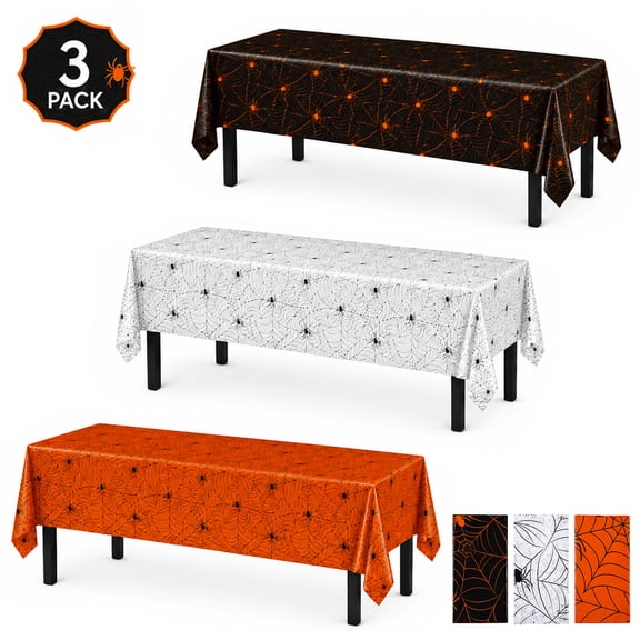 Halloween Tablecloths Disposable Plastic Rectangle Spider Web Table Covers for Halloween Party Decorations 54 x 108 in Orange, Black & White 3-Pack