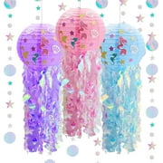 3Pcs Jellyfish Hanging Paper Lanterns Hanging Mermaid Lantern Shimmering Mermaid Wish Lantern with 2 Bright Star Circle Garland and Glitter Mermaid Stickers for Birthday Wedding Party Decoration