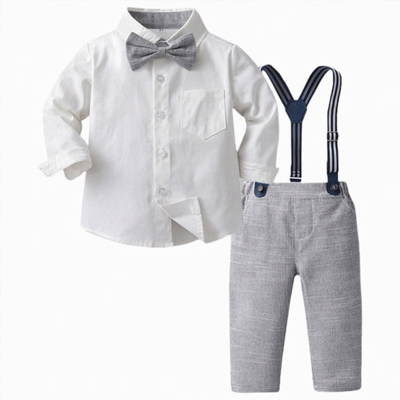 Kaprioy Baby Boy Winter Clothes Lapel Long Sleeve Button Down Shirt With Bow Tie Adjustable Strap Trousers 2Pcs Formal Outfit Set 3 6 12 18 Months 2T 3T 4T 5T 6T 7T 8T 9T Wedding Dress Clothes