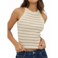 thumbnail image 2 of Halter Tank Tops for Women Summer Striped Stretchy Ribbed Knit - Shirts Slim Fitting Pale Pinkish Gray M, 2 of 8