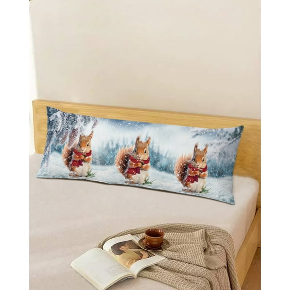 Christmas Squirrels Throw Pillow Cover, Winter Pine Trees Snowscape Rectangle Decorative Pillow Case Protector Soft Cushion Cover Lumbar Pillowcase for Couch Sofa Bedroom Car Chair Decor 20x54 Inch