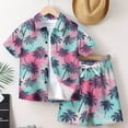 thumbnail image 3 of WREESH Hawaiian Print Short Sleeve Lapel Set Boys and Girls' Elastic Waist Drawstring Shorts Two-Piece Set (7-14 Years) Pink, 3 of 3