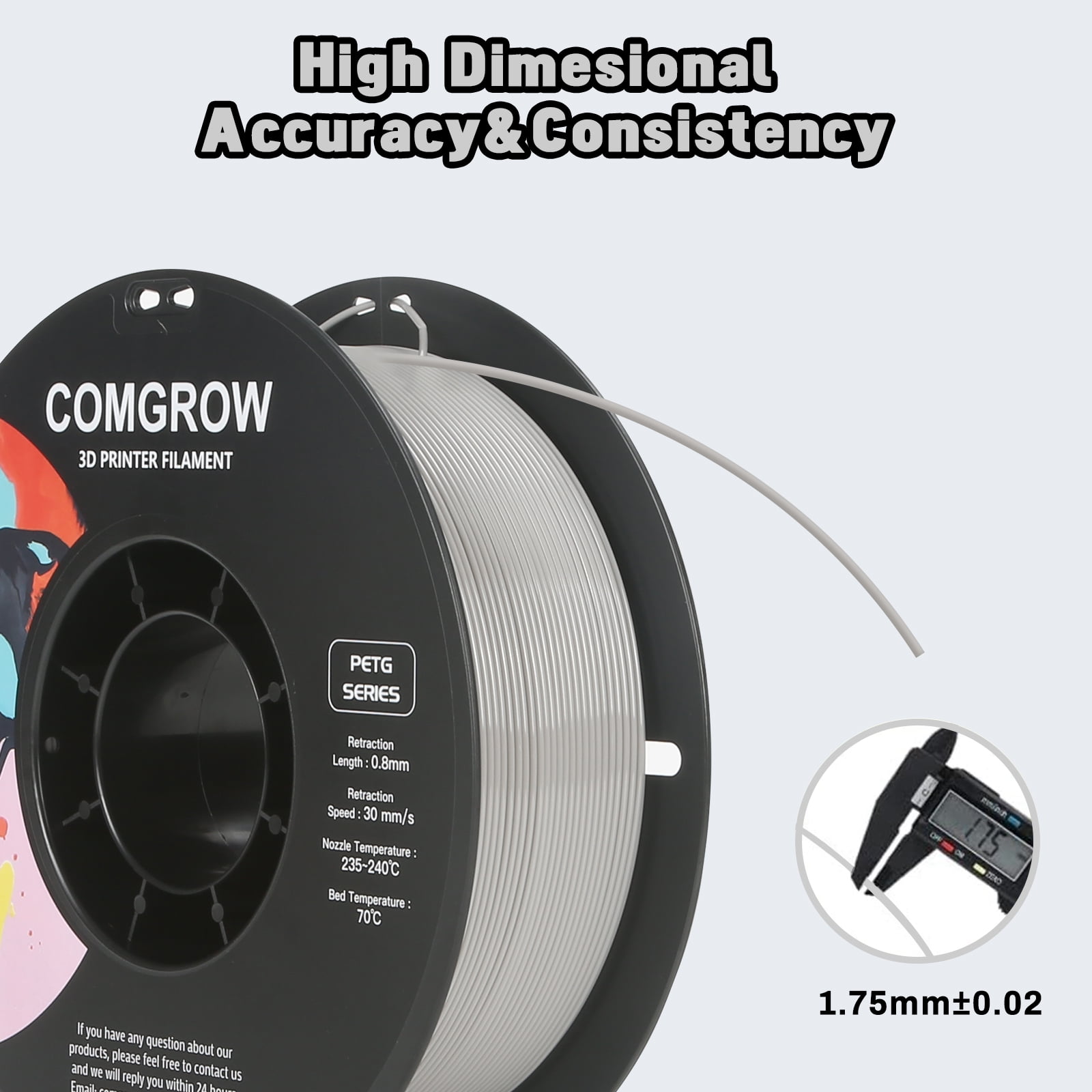Comgrow PETG 3D Printer Filament-3D Printer Material 1.75mm Dimensional Accuracy +/- 0.02 mm, 1KG/2.2LB-Grey