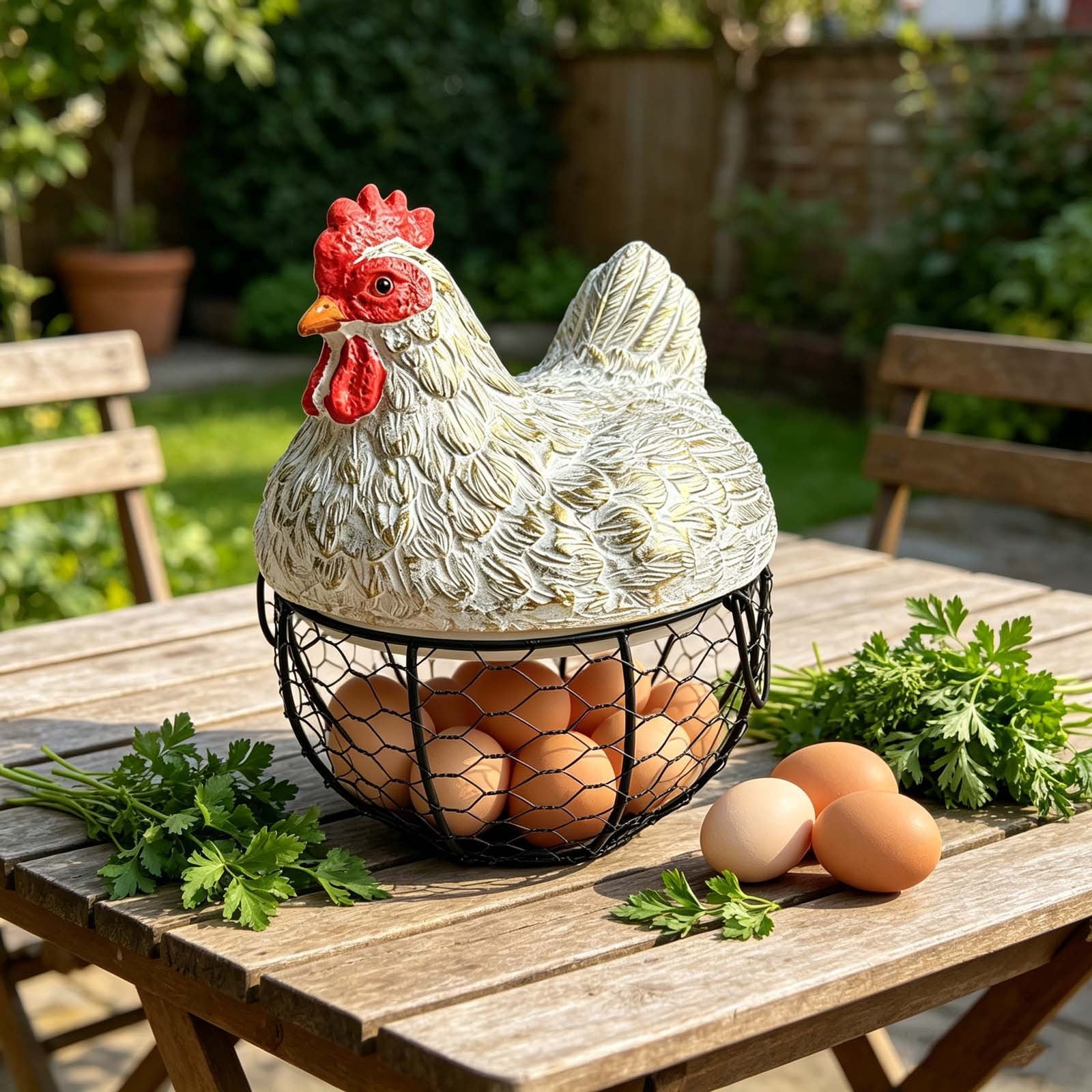 Bomd Rustic Hen Shaped Egg Basket, Ceramic Top Chicken Wire Egg Holder, Farmhouse Style Kitchen Storage Basket, Vintage Country Decor, 2 Colors, (White)