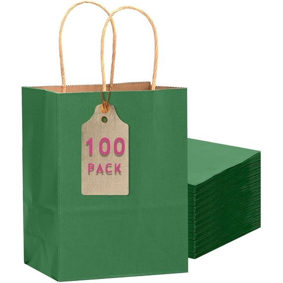 100PCS Gift Bag with Handles Bulk Kraft Deep Green Paper Bags Multiple Uses (11"x5"x8"inch Medium Size)