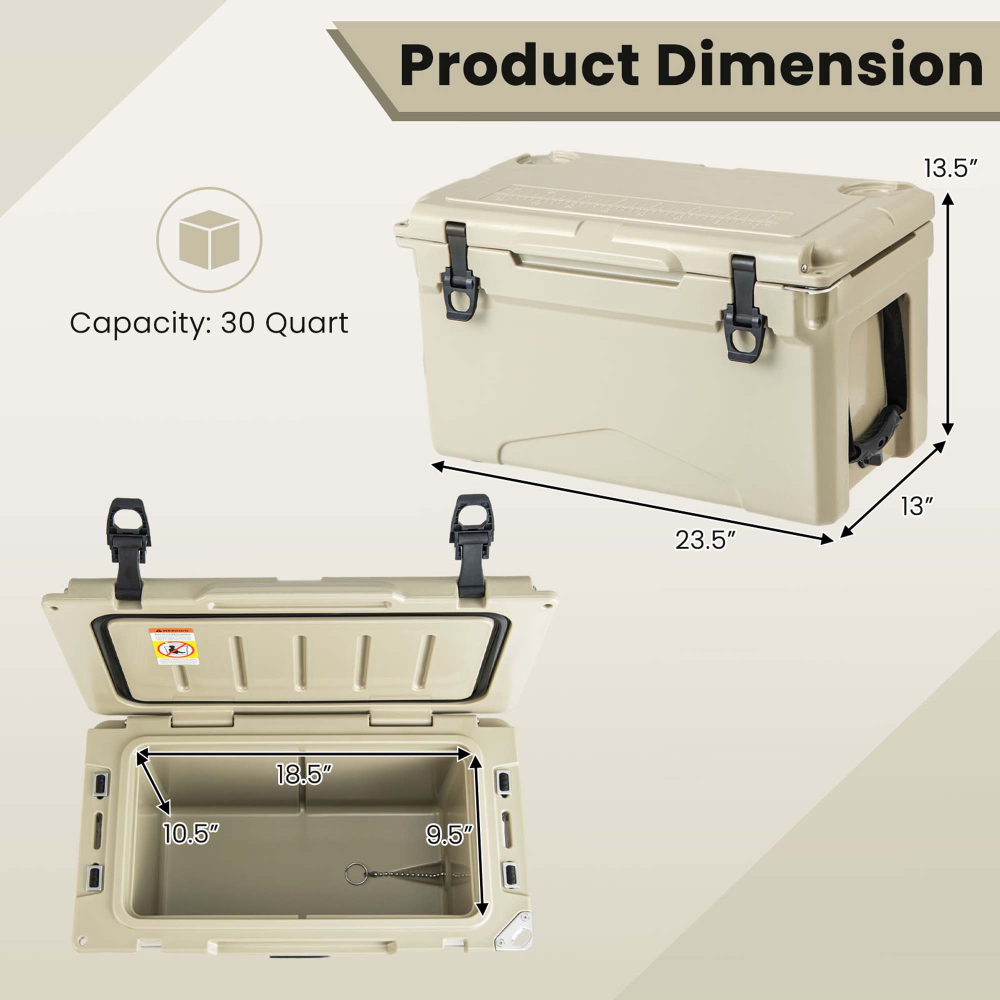 Costway 30 QT Rotomolded Cooler Portable Ice Chest Ice Retention for 5-7 Days Tan